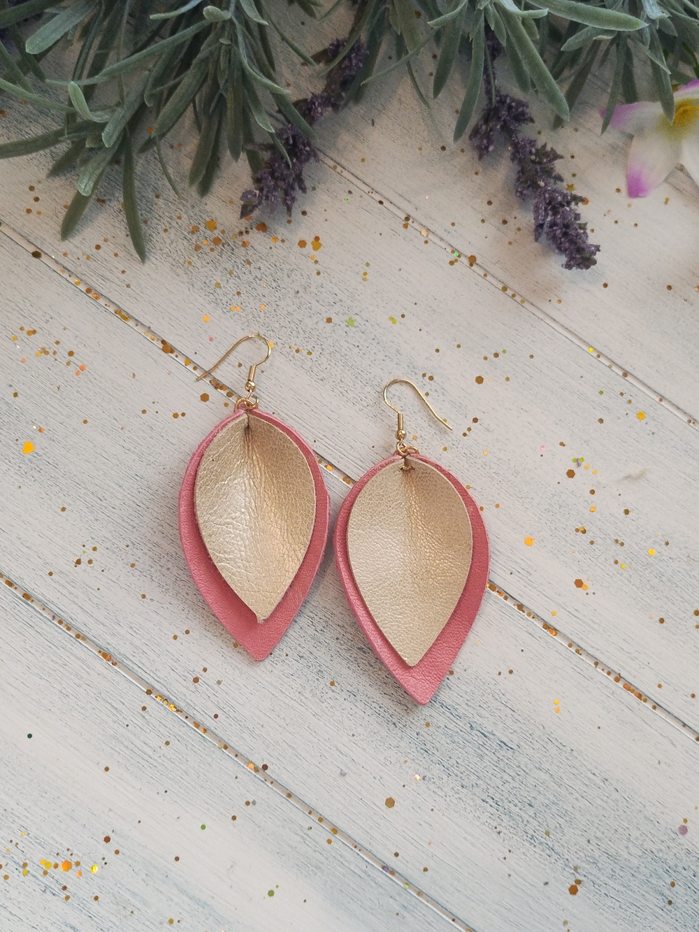 Gold and Pink Layered Leather Teardrop Earrings - Women Jewelry